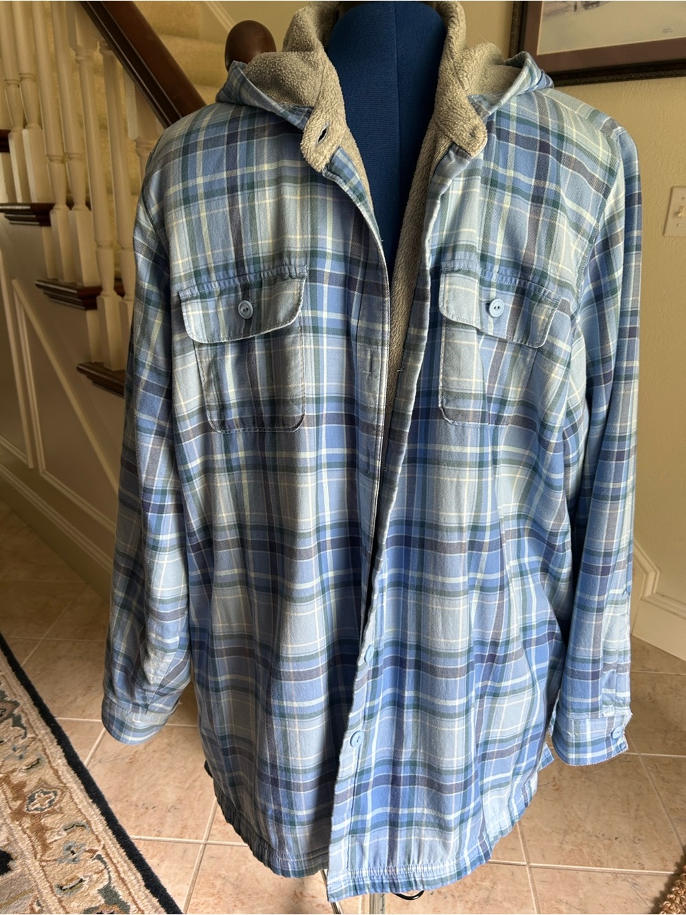 L.L. Bean Blue and Light Blue Plaid Hooded Sherpa-Lined Shirt Jacket